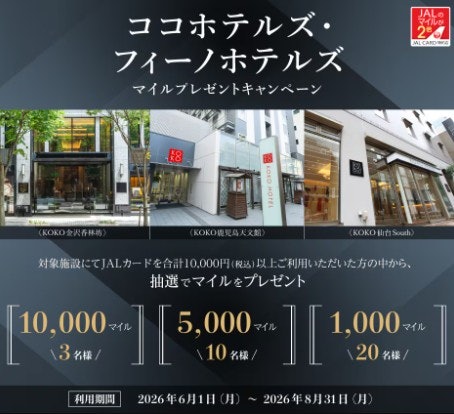 ホテルの利用予定があれば、ココホテルズ・フィーノホテルズのマイルプレゼントをチェック