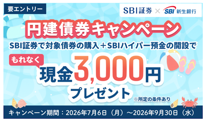 円建債券購入とSBIハイパー預金の開設でもれなく現金3,000円がもらえる