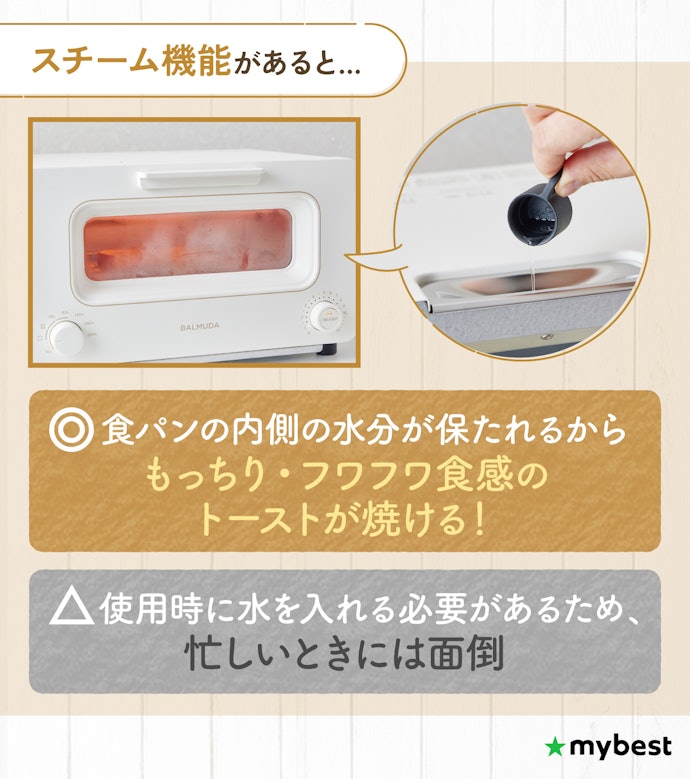 もっちりフワフワ食感に仕上げたいなら、スチーム機能付きをチェック
