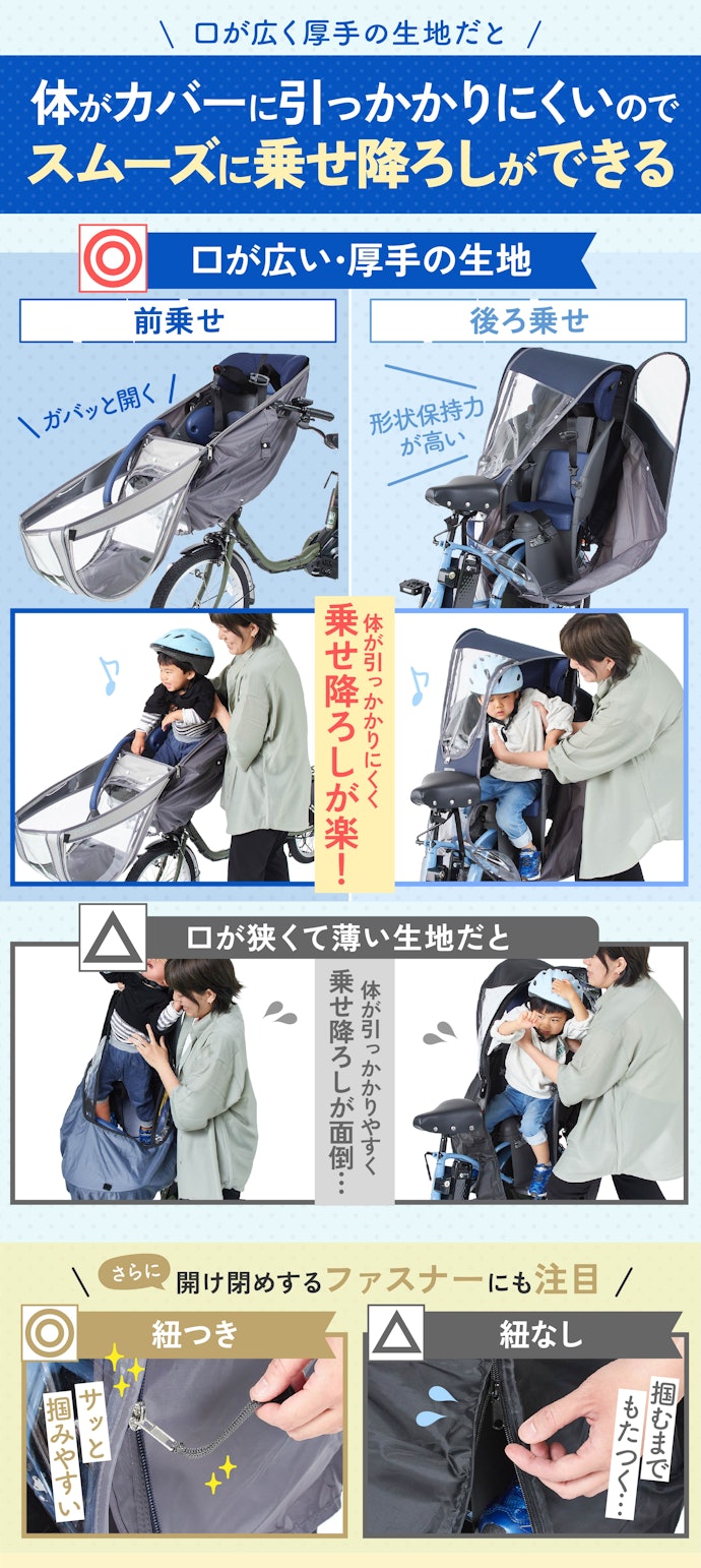 乗せ降ろしやすさは必須条件!口が広く厚手の生地の商品がベスト