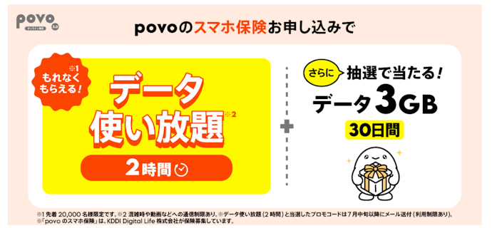 スマホ保険への加入でデータ使い放題コードや抽選で3GBがもらえる