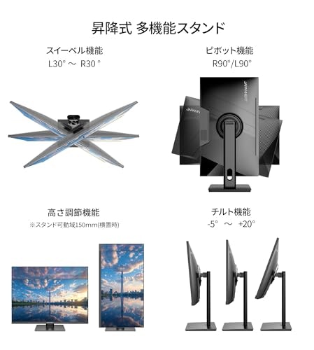 スタンドの可動域に注目。縦で使いたい人は、ピボット機能付きを選択