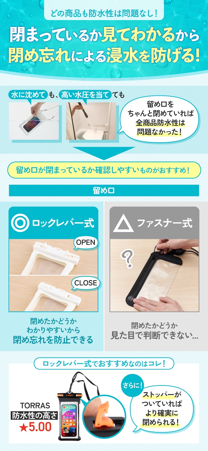 閉め忘れを防げるロックレバー式のスマホ防水ケースがおすすめ