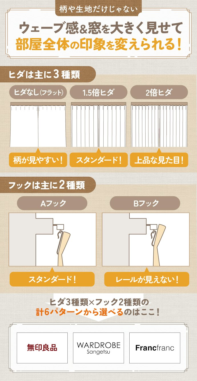 カーテンの見た目によりこだわるなら、ヒダとフックの種類が豊富な店を選ぼう