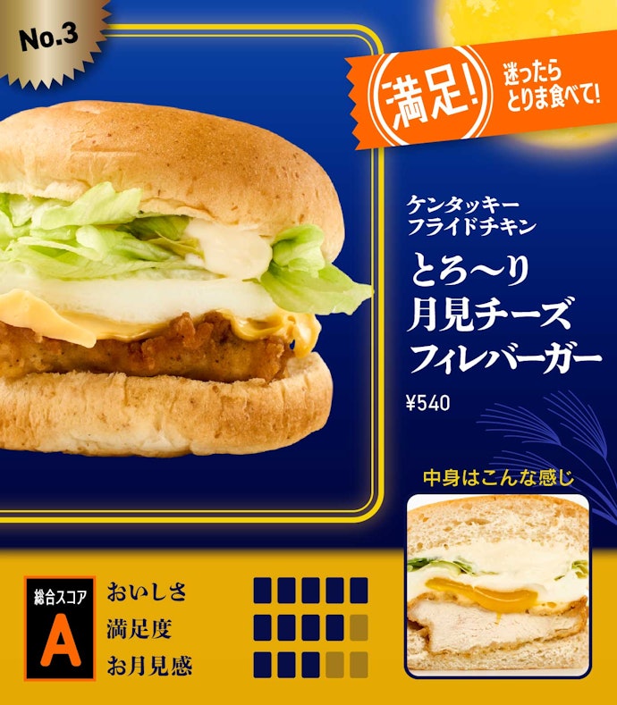 【3位】ケンタッキーフライドチキン「とろ~り月見チーズフィレバーガー」(540円)