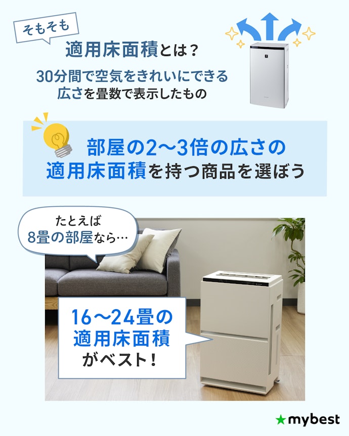 集じん力の強さは適用床面積をチェック。部屋の2〜3倍の面積がおすすめ