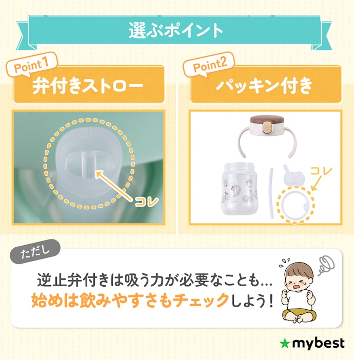 飲んでいる最中や外出時に漏れないよう、逆止弁付きかチェックしよう