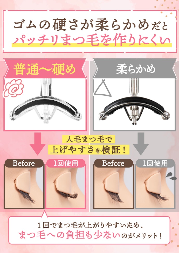 次に、まつ毛をしっかり上げられるかをチェック!ゴムの硬さが「普通〜硬め」のものを選ぼう