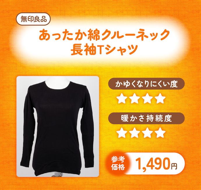 かゆくなりにくくてコスパもいいものなら|無印良品「あったか綿 クルーネック長袖Tシャツ」