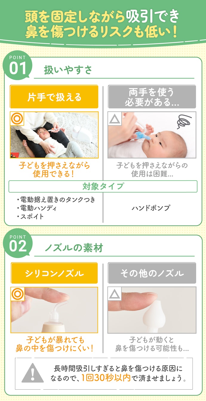 ② 子どもが嫌がって暴れるなら、片手で扱えてノズルがシリコンの鼻吸い器がおすすめ