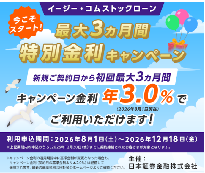 日証金のイージー・コムストックローン申し込みで融資利率が最大3か月間2.0%優遇