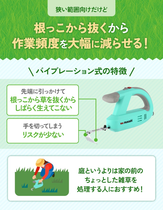 ちょっとした雑草を除去するなら、バイブレーション式が使いやすい!
