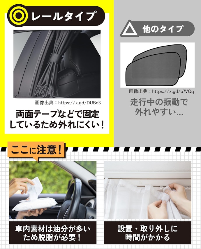 車内にしっかり固定したいなら、走行による衝撃でも外れにくいレールタイプを選ぼう