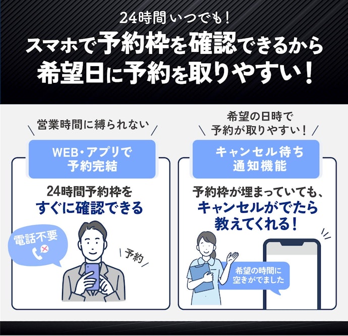 WEB予約&キャンセル待ち通知機能があるとより一層通いやすい