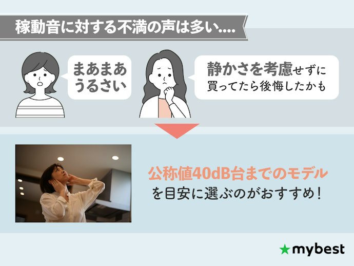 静音性が気になるなら、公称の運転音は40dB台が目安