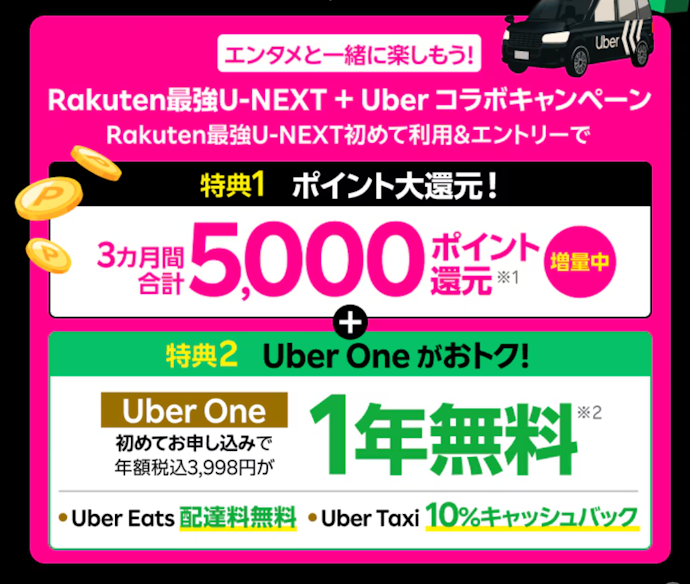 Rakuten最強U-NEXT契約でUber One1年無料+5,000ポイントもらえる