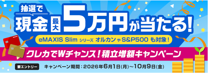 対象ファンドの積立額増額で最大5万円が当たる!クレカ積立で1万円が当たるチャンスも
