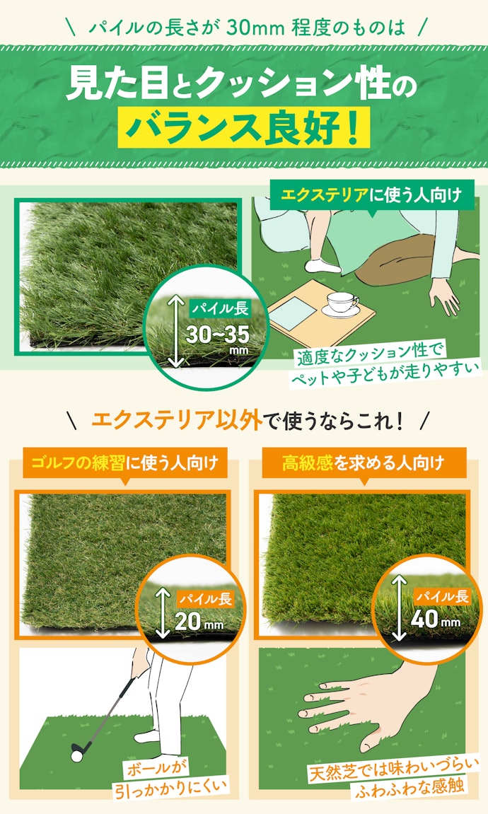 パイルの長さは主に3つ。エクステリアには30mm程度がベスト