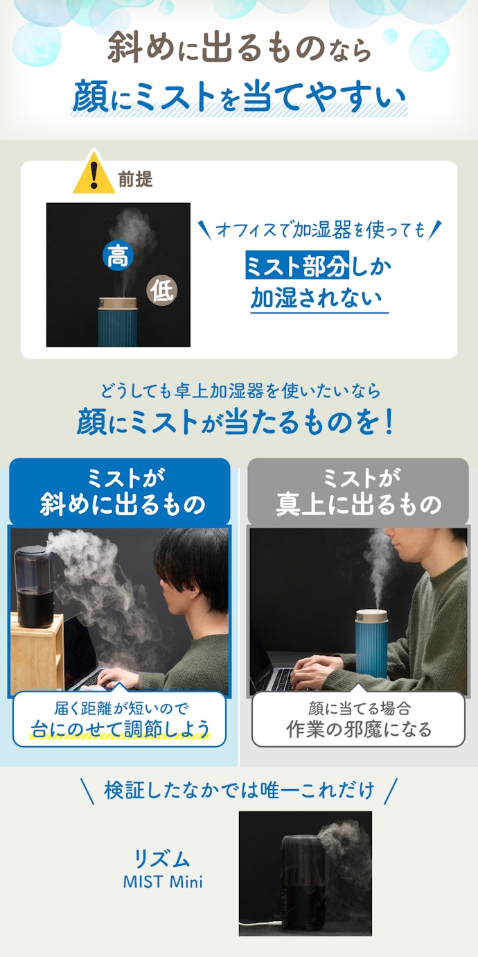 それでもオフィスで使いたい場合は、ミストが斜めに出るものを選ぼう