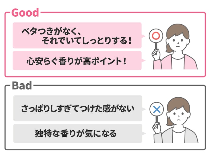 ほどよいしっとり感があり、自然な香りが理想!毎日継続しやすい使用感かどうかをチェック