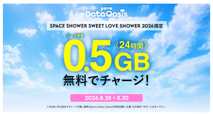 SWEET LOVE SHOWER会場限定!povo Data Oasisでデータ追加が0.5GBに増量