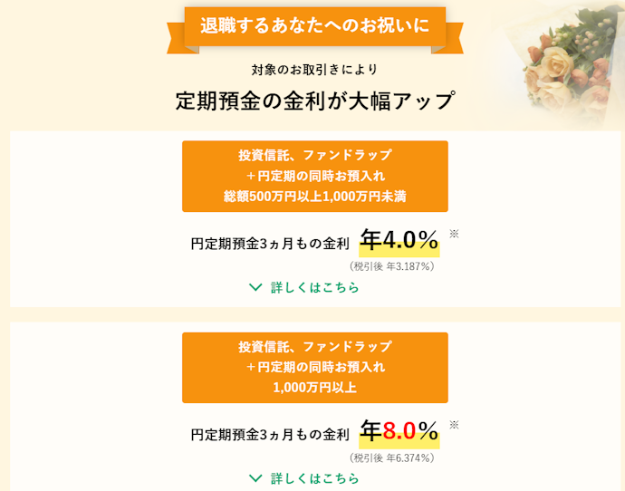 退職金コースで円定期預金金利が最大年8.0%になる