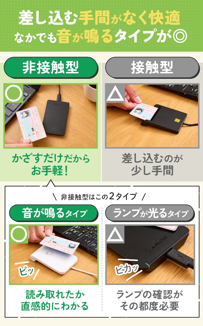 種類は接触型と非接触型の2つ。かざすだけで使える非接触型がおすすめ