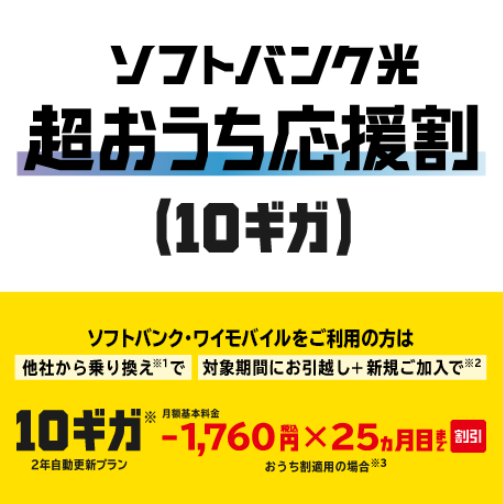 【新規】ソフトバンク光・10ギガに新規加入で月額料金が割引になる