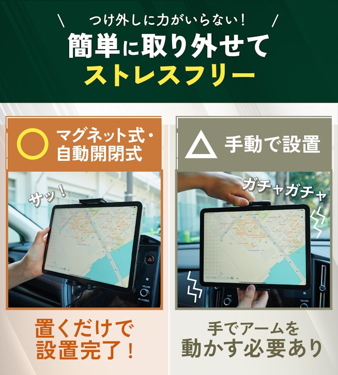 楽にタブレットを設置できる、マグネット式・自動開閉式がおすすめ