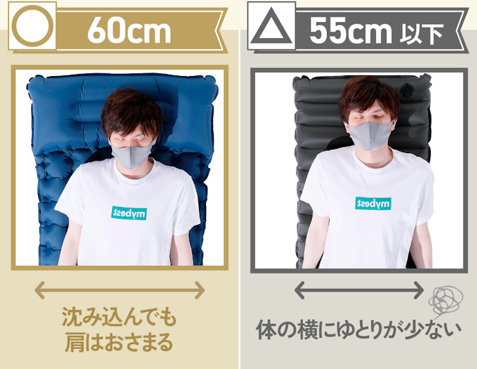 横幅のサイズをチェック。60cm以上ないと寝づらい