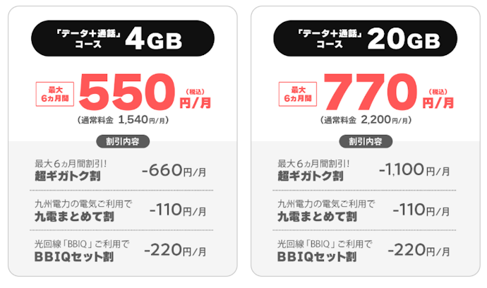 QTモバイル|対象プランへの契約で月額料金最大6か月間割引