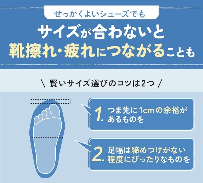 最後に自分に合うサイズをチェック。つま先に1cmの余裕があり、幅がぴったりなものを選ぼう