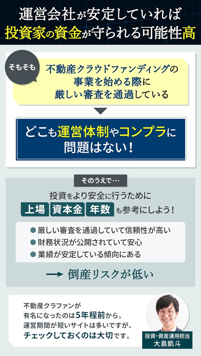 運営が安定しているかは運営会社の上場や資本金、不動産業の実績を確認しておこう