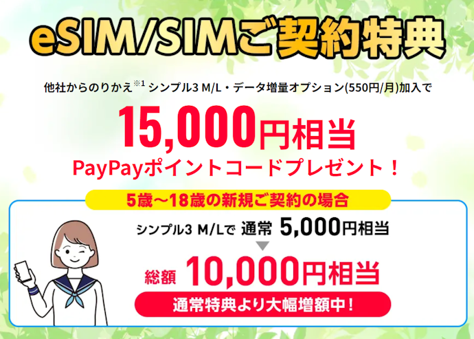 Y!mobile|対象プラン契約で最大15,000円相当のポイント付与