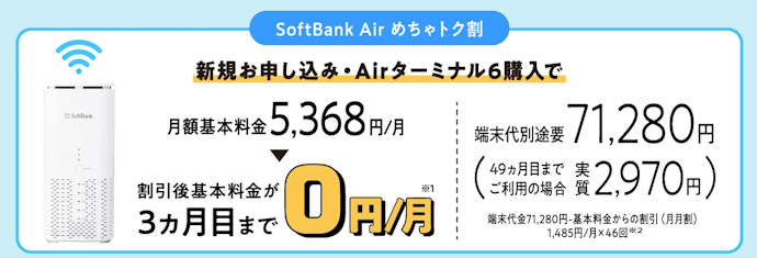 SoftBank Air めちゃトク割で基本料金が3か月目まで0円になる
