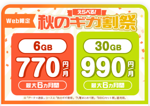 QTモバイルで対象プランに申込むと月額料金が最大6か月間割引される