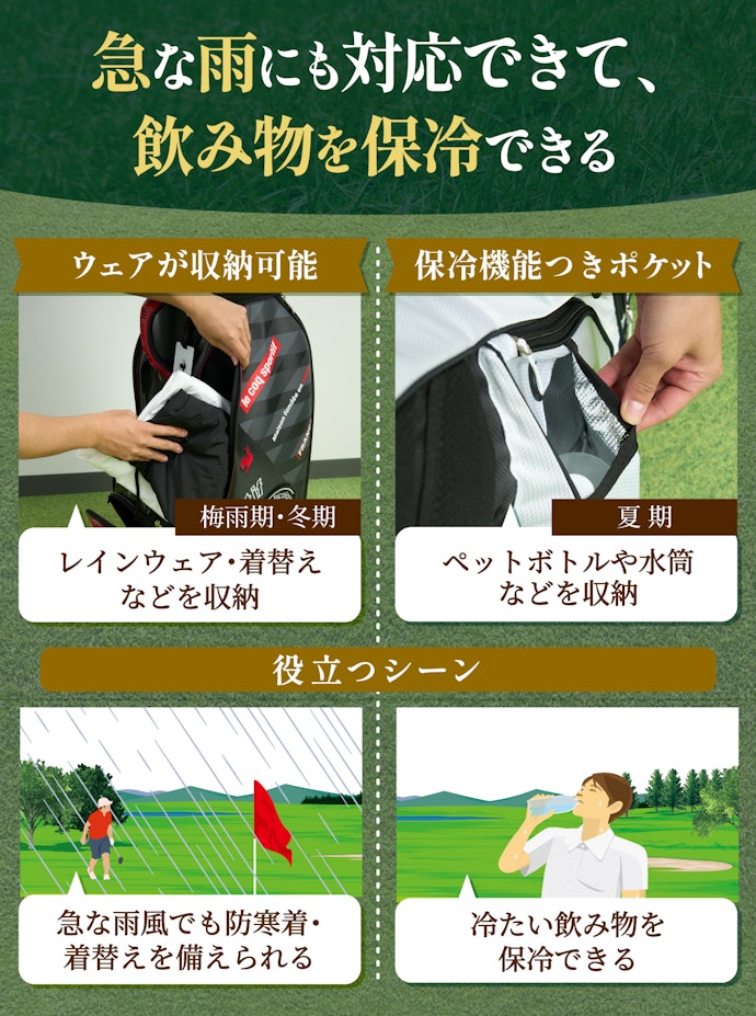 ウェアを収納できるか・保冷機能つきポケットがあるかチェック。特にオールシーズン行く人は確認を