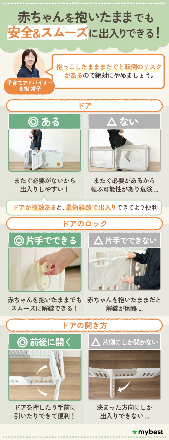 ドア付きでロックが片手でできる+ドアが前後に開くベビーサークルがおすすめ