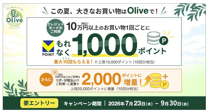 クレジットモード利用で1回10万円ごとに1,000ポイント(最大2万ポイント)がもらえる