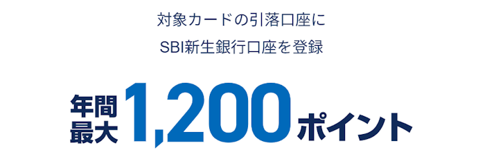 対象カードの引落口座にSBI新生銀行口座を登録すると1,200ポイントもらえる