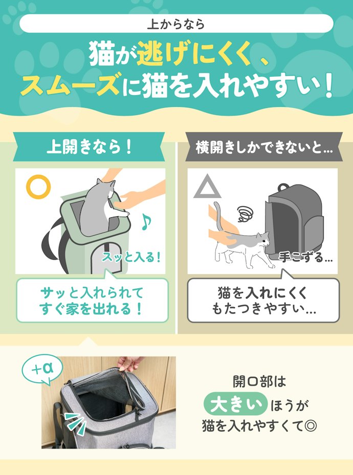 外出に慣れていない猫には、上開きのリュックを選んで