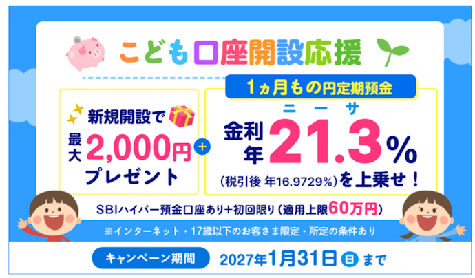 未成年口座開設で現金最大2,000円&1か月もの円定期預金の金利が年21.3%上乗せ!
