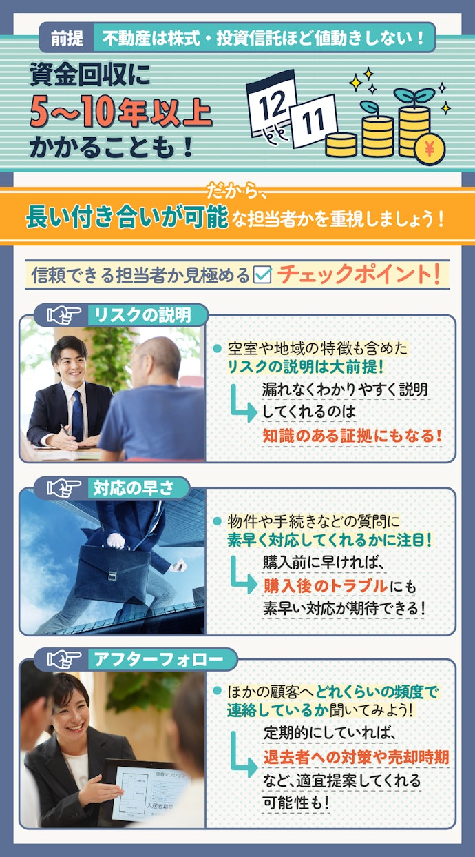 不動産投資は購入後が本番!リスクの説明・対応の早さ・アフターフォローから担当者の質をチェック