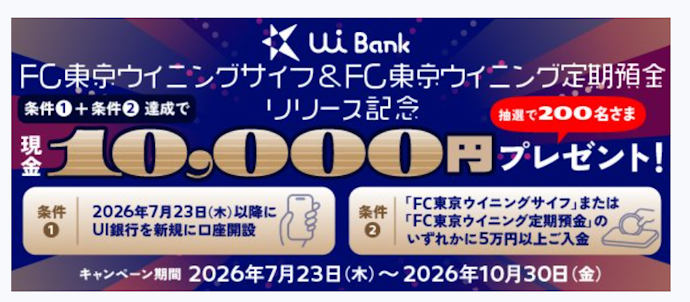 新預金サービスの利用条件を満たすと抽選で200名に現金10,000円が当たる