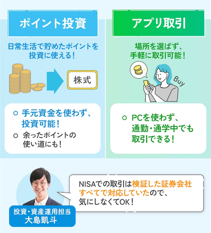 ポイント投資やアプリ取引に対応していれば手軽に投資できる