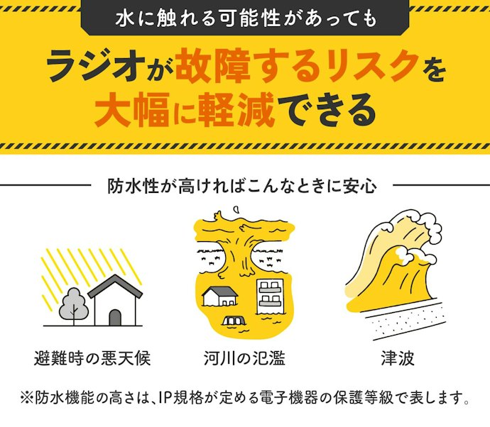 災害時の悪天候や津波に備えるなら、防水レベルIPX3以上のものを