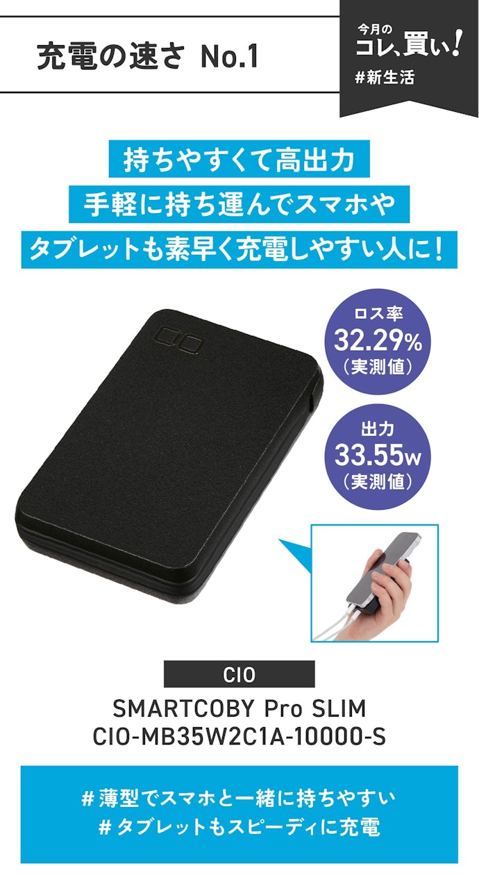 【充電の速さNo.1】CIO「SMARTCOBY Pro SLIM CIO-MB35W2C1A-10000-S」(販売価格:4,280円)