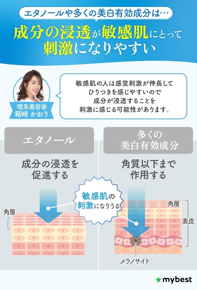 肌がピリつきやすい人は、エタノールの有無と美白有効成分の種類をチェック