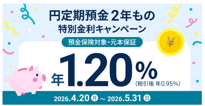 2年間の預け入れで年1.20%の特別金利が適用される