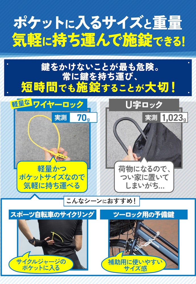 駐輪時間が短い人・予備の鍵として使う人には100g以下のワイヤーロックがおすすめ